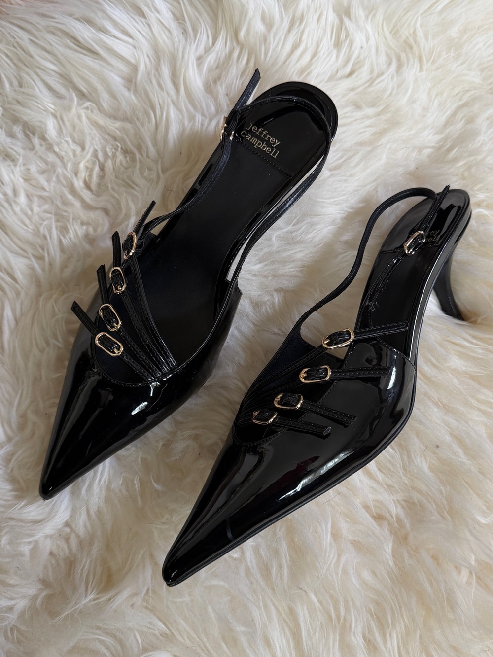 jeffrey campbell flirtz black patent leather sling back kitten heel US8
